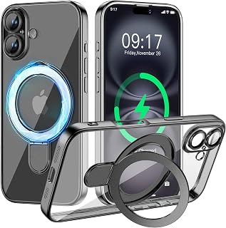 Magnetic for iPhone 16 Case with Invisible Stand[Compatible with MagSafe][Full Camera Lens Protector][Military Drop Protection] Shockproof Not Yellowing Clear Soft Slim for Women Men, Black