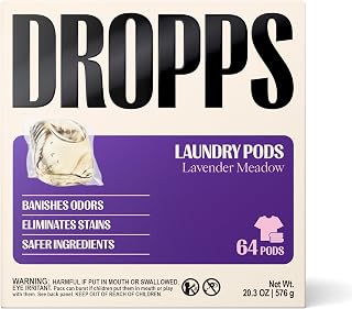 Dropps Odor & Stain Laundry Detergent Pods, Lavender Meadow (64 Count) - Powerful Laundry Pods | Complete Clean Laundry Soap | Fights Odors & Stains | Clean Ingredients | Plastic Free Packaging