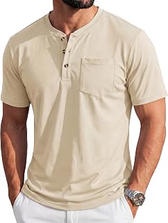 MAGCOMSEN Henley-Hemd für Herren, kurzärmelig, Baumwolle, 3 Knöpfe, Rundhalsausschnitt, T-Shirt mit Tasche, lässig, einfarbig, für den Sommer und den Alltag