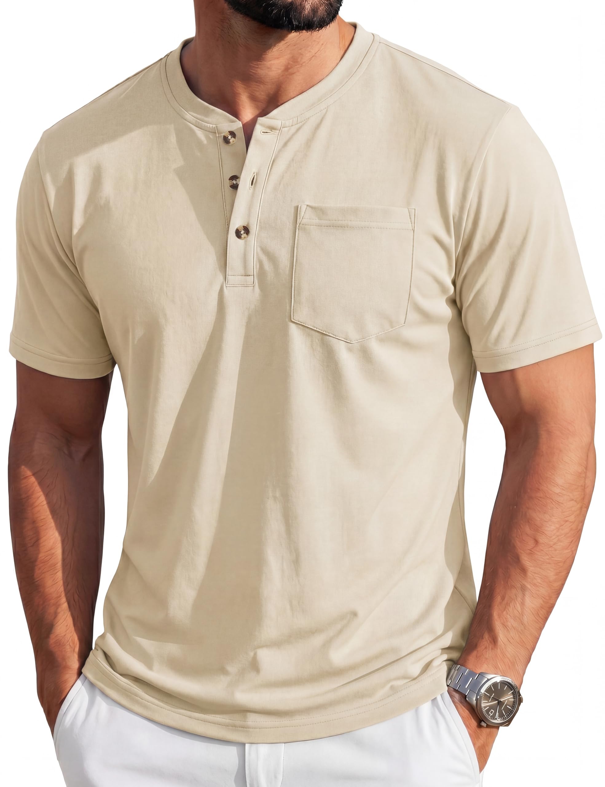 MAGCOMSEN Henley-Hemd für Herren, kurzärmelig, Baumwolle, 3 Knöpfe, Rundhalsauss