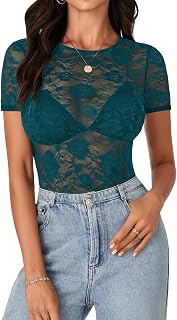 LYANER Women's Floral Lace Sexy Y2k Tee Tops