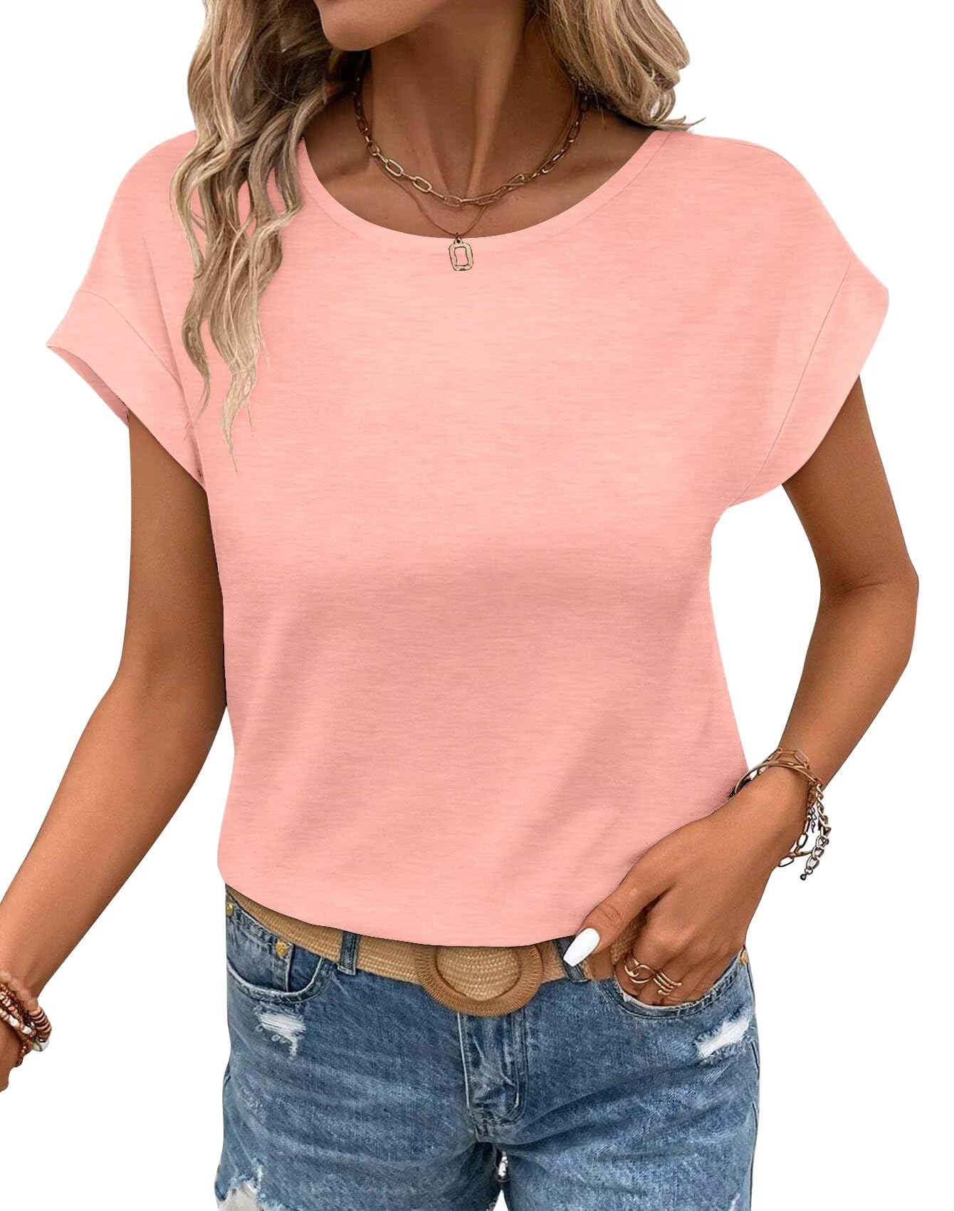 Bliwov レディース Tシャツ キャップ スリーブ トップス クルーネック カジュアル ベーシック サマーTシャツ