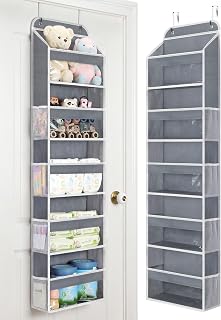Yecaye 1 Pc 5-Tier Over the Door Organizer with Clear PVC Windows, Gray | Swing-proof Back of Door Storage, Newborn Large Capacity Hanging Bathroom Storage for Baby Essential Stuff, Diaper and Toy