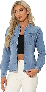 Allegra K Women Casual Denim Jacket Classic Stand Collar Long Sleeve Denim Jacket