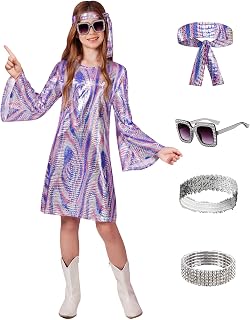 BesserBay Girl's 5 Pcs Halloween 70s Disco Hippie Dress Sequins Outfit