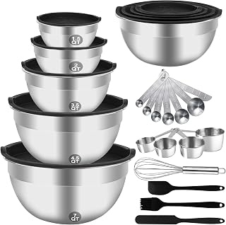 WEPSEN Mixing Bowls Set, 25PCS Stainless Steel Mixing Bowl with Lid Set, Large Nesting Bowls 7, 4.5, 3,2, 1.5QT, Measuring Cups and Spoons Baking Utensils Metal Bowl for Kitchen Prep