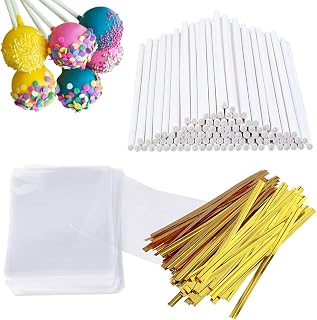 AENTGIU 300 PCS Cake Pop Sticks and Wrappers Kit, 6-Inch Food-Grade Paper | All-in-one, 100 6-inch Paper Lollipop Sticks, 100 Clear Treat Bags, 100 Gold Twist Ties for Cakepop, Dessert, Candy,Chocolate