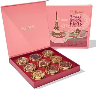 VAHDAM, Weekend in Paris Tea Gift Set - 9 Assorted Teas | Travel Edition Gift Box | Natural Ingredients Luxury Tea Set | Gluten Free, Non-GMO