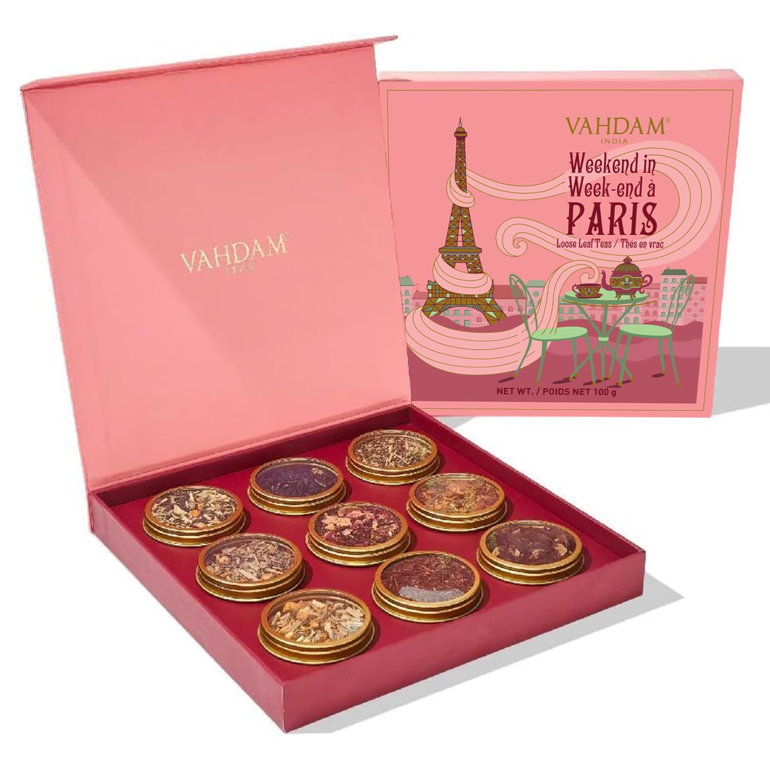VAHDAM, Weekend in Paris Tea Gift Set - 9 Assorted Teas | Travel Edition Gift Bo