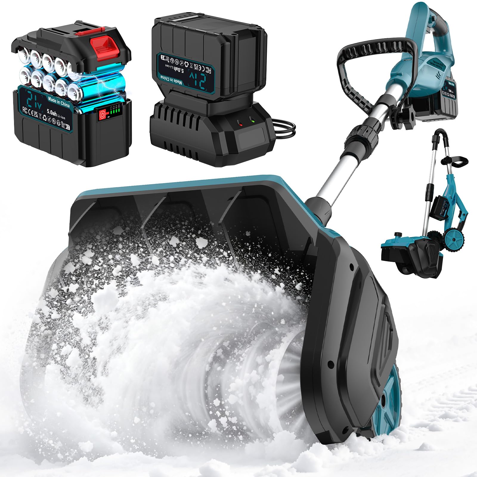 10000mAh Brushless Cordless Snow Shovel with Wheels,17-Inch Electric Snow Blower