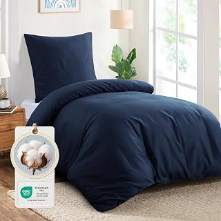 Aisbo 2-Piece Blue Cotton Bed Linen 155 x 220 cm, Duvet Cover Set with Zip, Bedding, Soft and Breathable