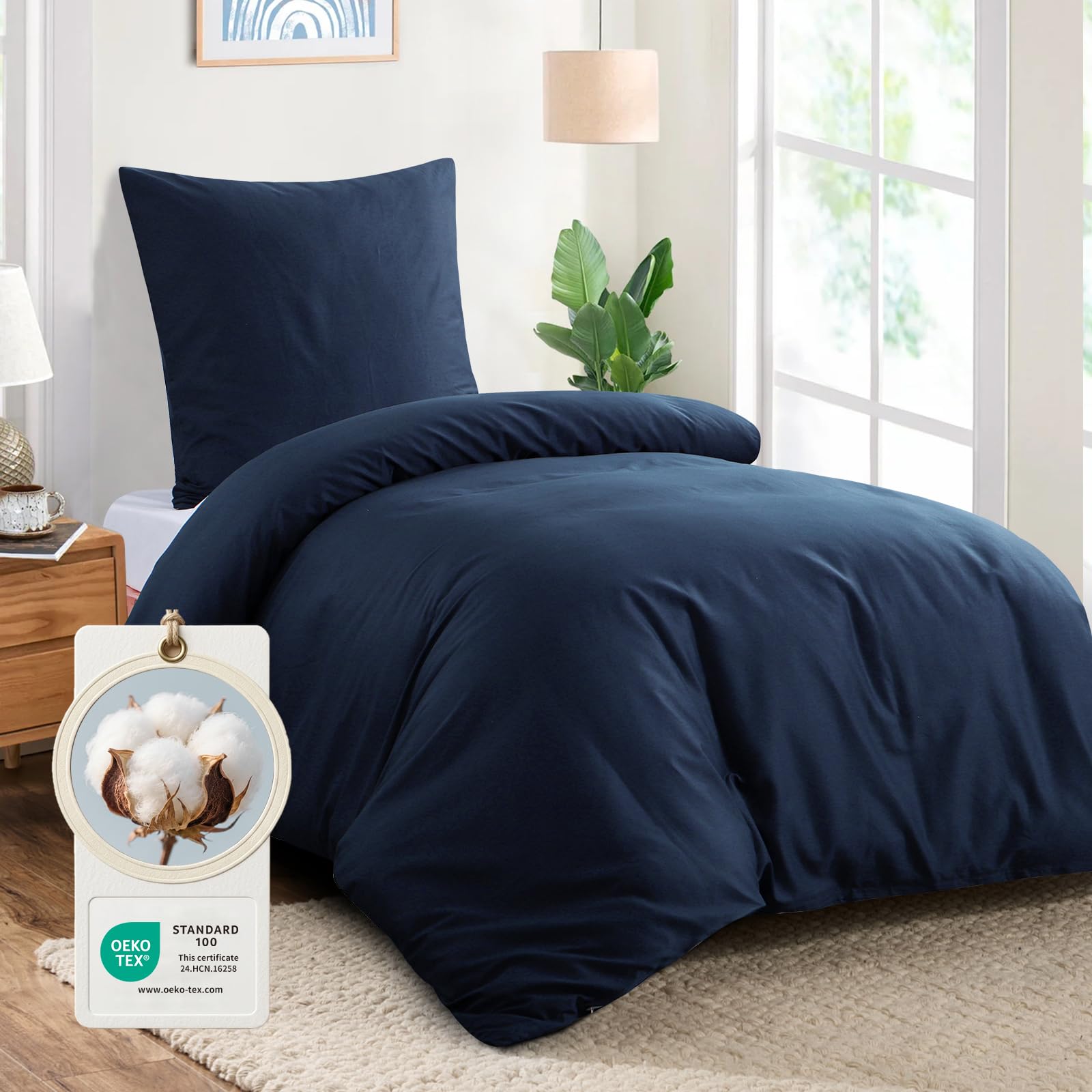 Aisbo 2-Piece Blue Cotton Bed Linen 155 x 220 cm, Duvet Cover Set with Zip, Bedd