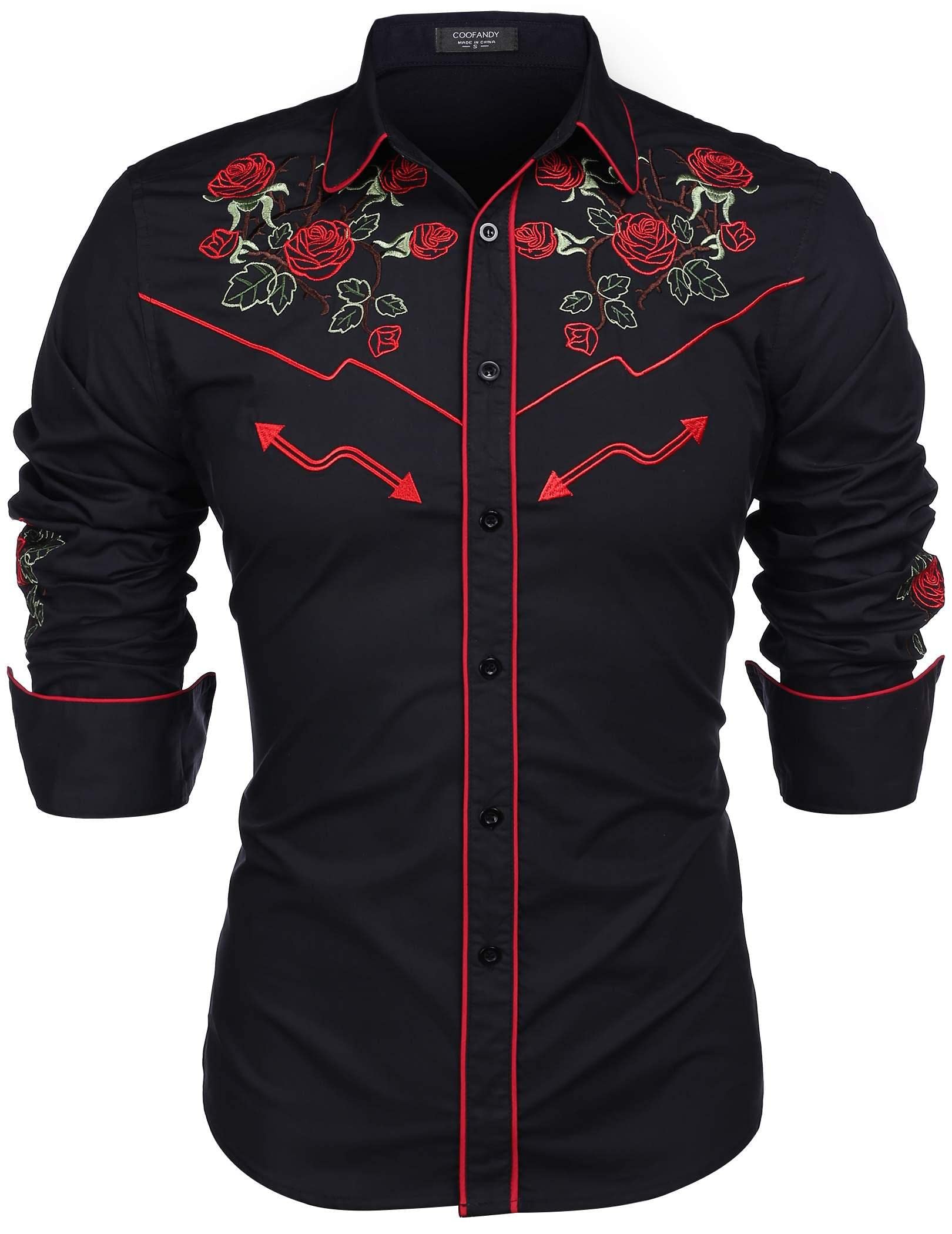 COOFANDY Men's Western Cowboy Shirt Long Sleeve Embroidered Shirt Slim Fit Cotto