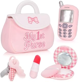 Dalycro My 1st Purse Plush Toy Set, 5 PCS Sensory Purse Gift Toddler 1-3 | 5 Piece Pretend Purse Set with Phone, Lipstick, Keys and Mirror, Cute Gifts for Little Girls and First Birthdays