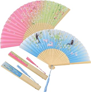 2 Pack Bamboo Silk Folding Fan, Chinese Vintage Retro Fabric Fans, Small Folding Hand Fan for Performance, Dance, Fighting, Wedding, Church, Party & Gift(Blue & Pink)