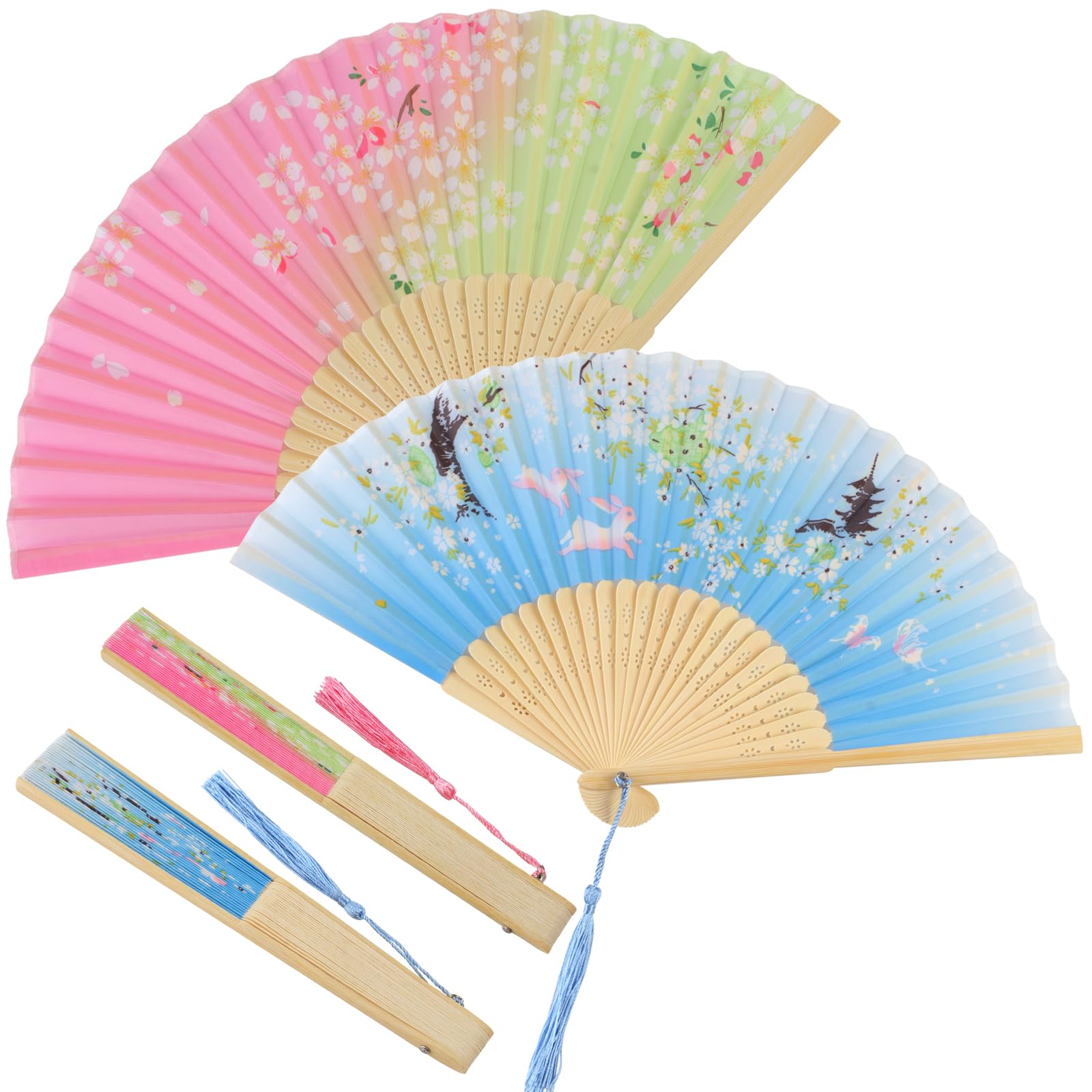 2 Pack Bamboo Silk Folding Fan, Chinese Vintage Retro Fabric Fans, Small Folding