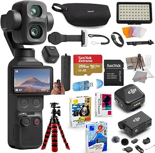 DJI Osmo Pocket 4P Content Bundle with Mic Mini Wireless Microphone System + 256GB Extreme Memory, LED Light, Metal Grip, Spider Tripod, Editing Software Package & More