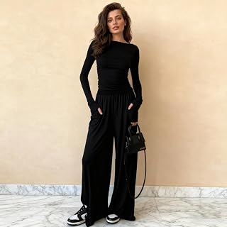 Women Lounge Set 2 Pieces Autumn Winter Solid Color Long Sleeve Top Wide Leg Pants Casual Home Wear Nightwear