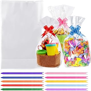 50Pcs Flat Bottom Clear Cellophane Bags with Pull Bows 6" X 10"