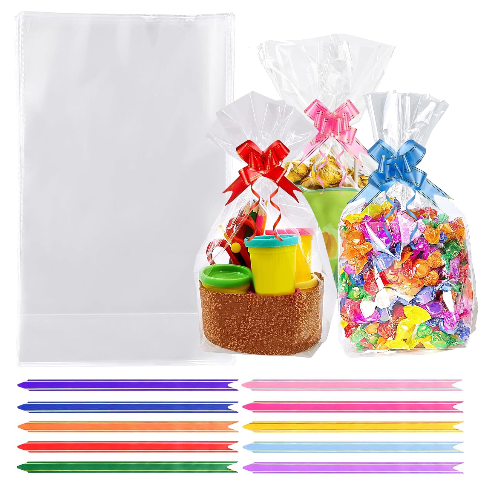 50Pcs Flat Bottom Clear Cellophane Bags with Pull Bows 6" X 10"