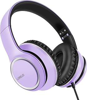 LORELEI X8 Wired Over-Ear Headphones with Mic with Mic with 1.45M Tangle-free Nylon Line and 3.5mm Plug, Lightweight Foldable Portable Headphones for Smartphone, Tablet, Computer, MP3/4 (Purple