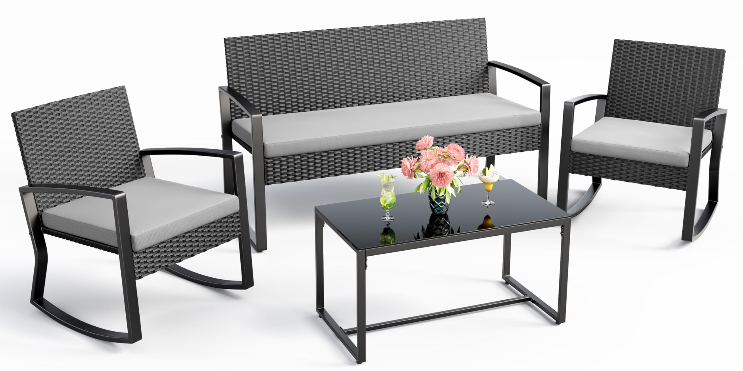 Ahomly 4 Piece Outdoor Patio Furniture Set, Wicker Patio Furniture with Glass Co