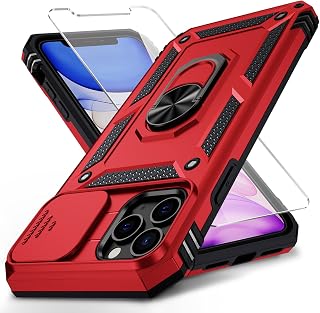 for iPhone 11 Pro Max Case with Camera Lens Cover, HD Screen Protector, 10 FT Military Grade Drop Protection, Magnetic Ring Holder Kickstand Protective Phone Case for iPhone 11 Pro Max, Red