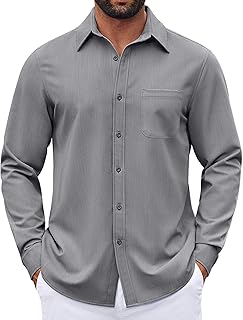 COOFANDY Camisas de vestir para hombre, de manga larga, con botones, de mezclilla, elásticas, informales, de negocios