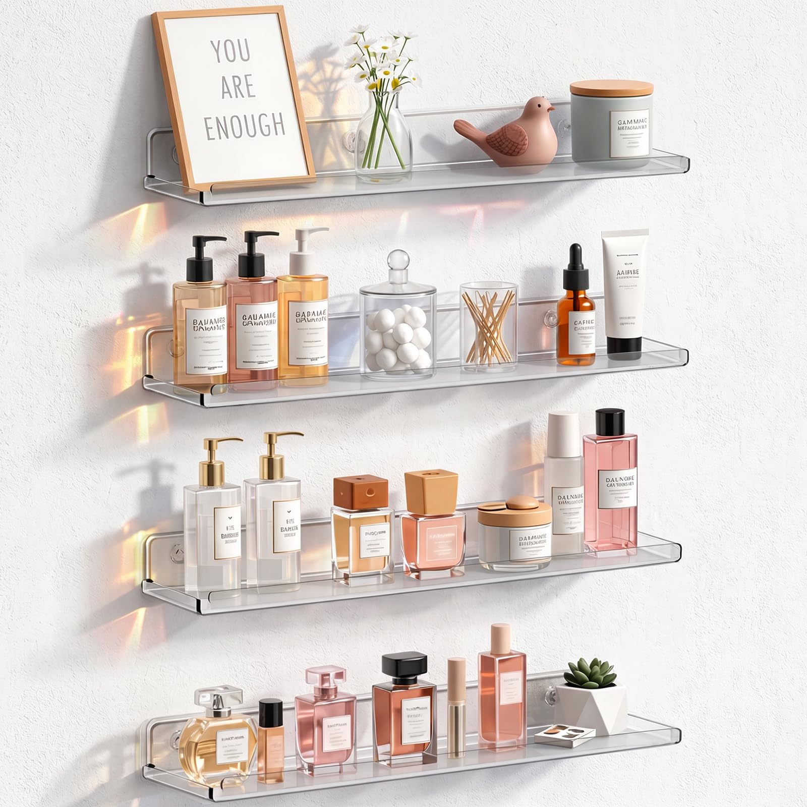 Lifewit Acrylic Floating Shelves for Bathroom 14" Clear, 4 Pack | Wall Mounted D