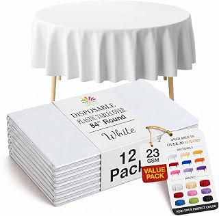 Exquisite 12-Pack Plastic Tablecloth 84 inch Round Value Pack Plastic Table Cover - White