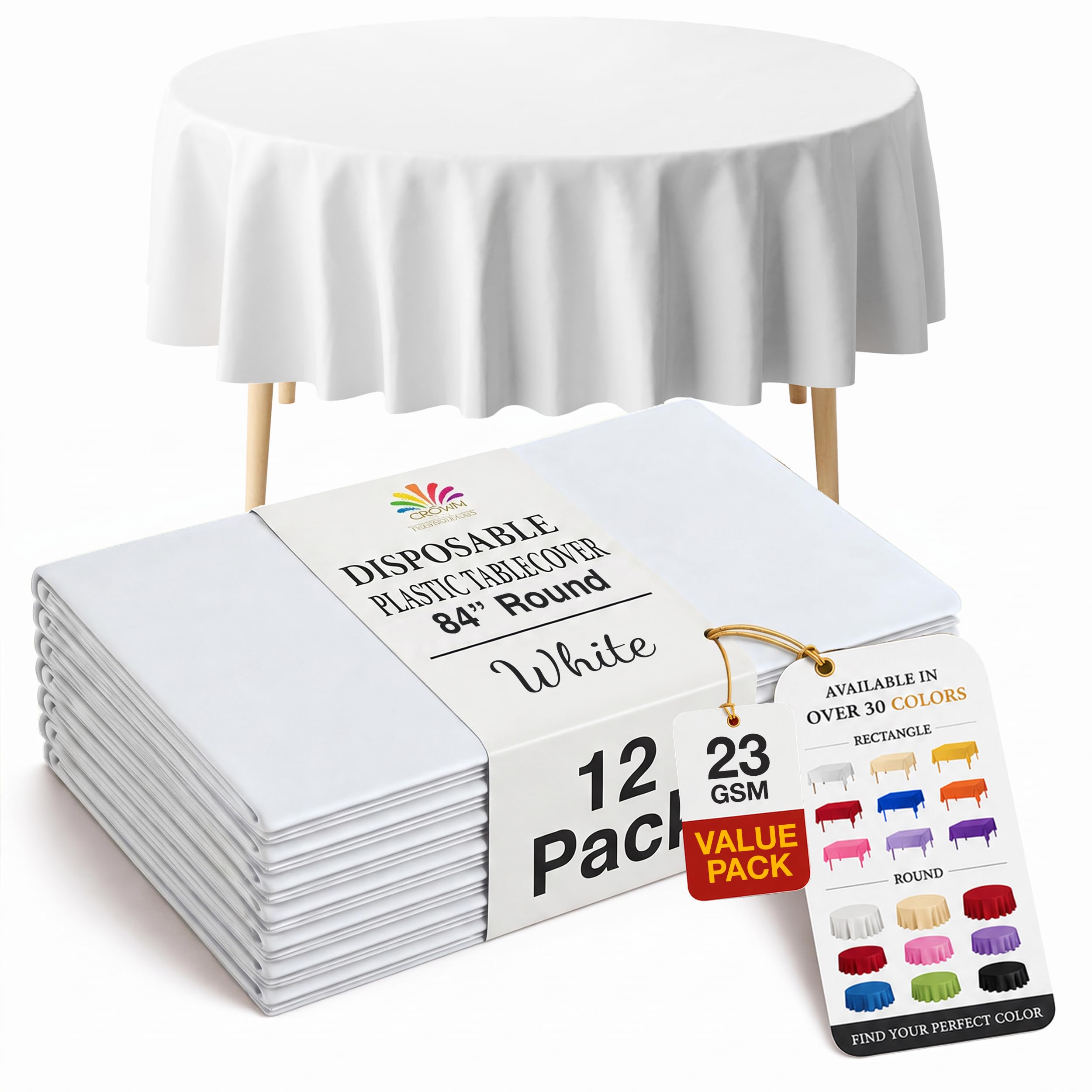 Exquisite 12-Pack Plastic Tablecloth 84 inch Round Value Pack Plastic Table Cove