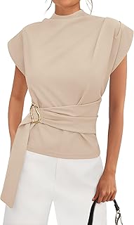 PRETTYGARDEN Women's Blouses Our Dressed Cap Sleeves Padded Neck Work Shirts Buckle Tunic Summer Business Casual Tops 2026