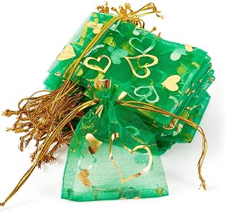 50Pcs 9x7cm Lime Green Rectangle Heart Printed Drawstring Organza Bags Jewelry Gift Mesh Pouches Wedding Favor Bags for Wedding Party Christmas Candy Gift Wrapping