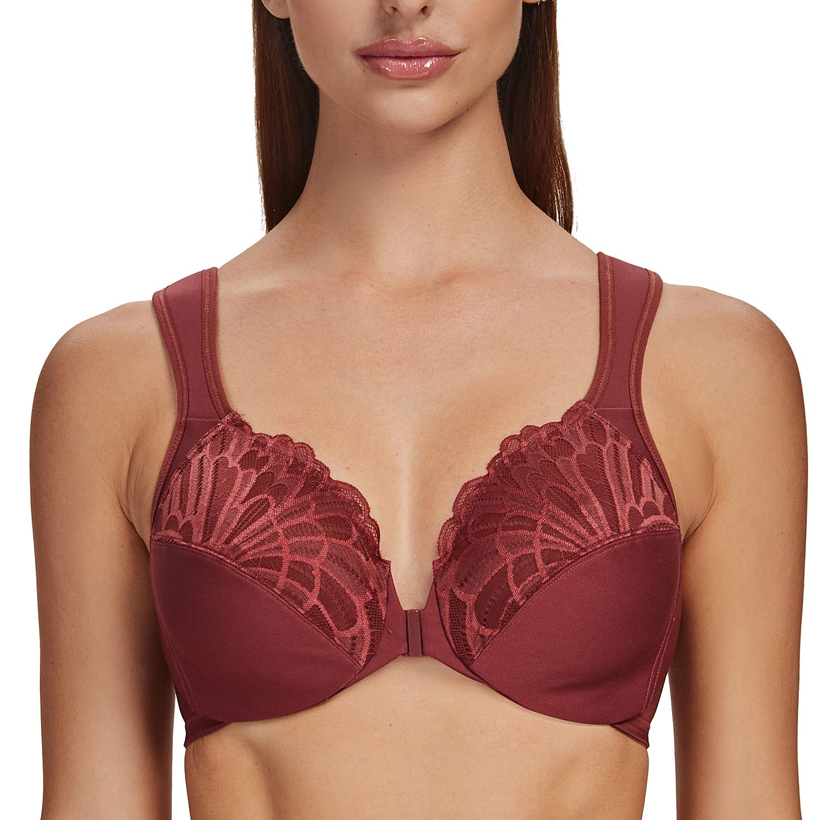 MELENECA Women's Plus Size Lace Front Closure Bra with Padded Straps