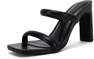 Coutgo Womens Square Open Toe Heeled Sandals Two Strap High Heel Backless Dress Slip On Mules