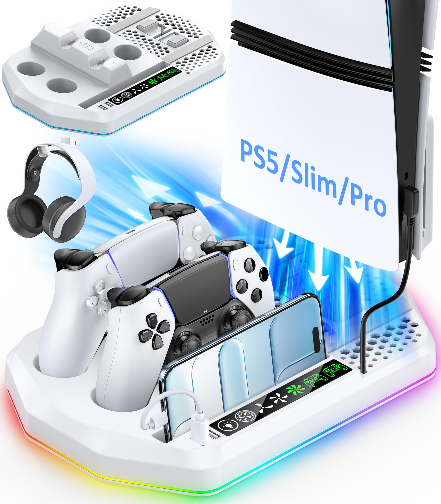 Cooling Station with Controller Charger for PS5/Slim/Pro, PlayStation 5 Vertical