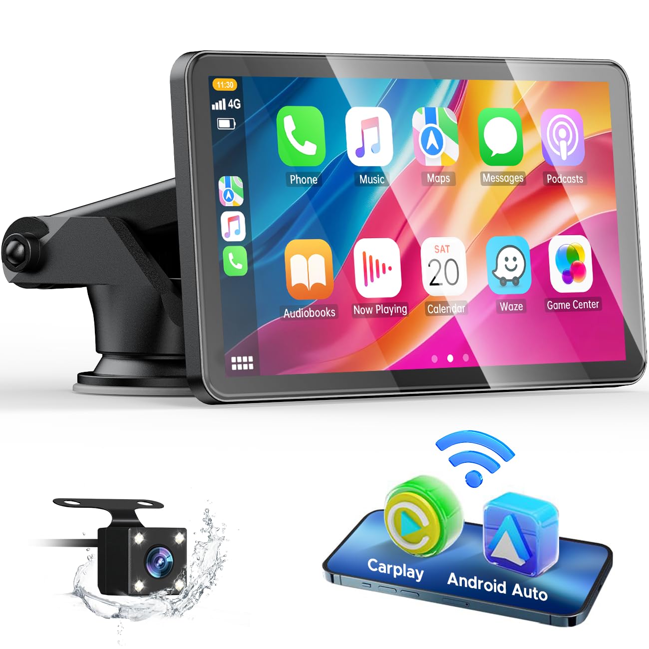 HOTPEAK Wireless Car Stereo for Apple Carplay with Rear Camera,7" Portable Touch