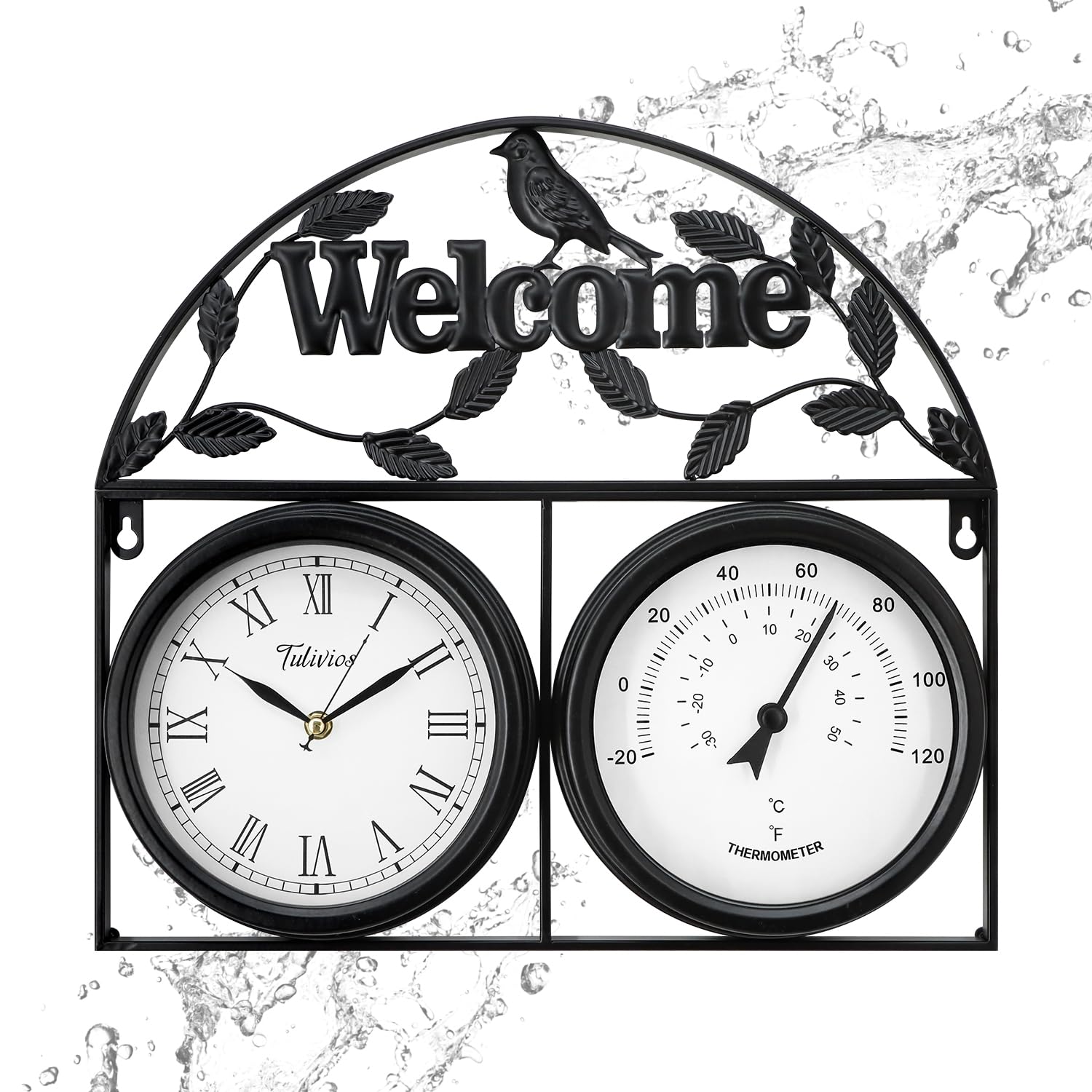 Tulivios 17Inch Large Outdoor Clock,Waterproof Wall Clock with Thermometer,Weath