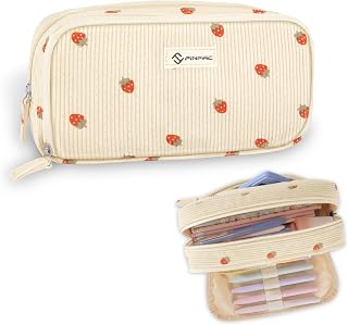 FINPAC Pencil Case, Double-Layer Corduroy Pencil Case with 3 Compartments | Large Capacity School Pencil Pouch, Portable Stationery Marker Pen Case, for Boys and Gilrs, Strawberry