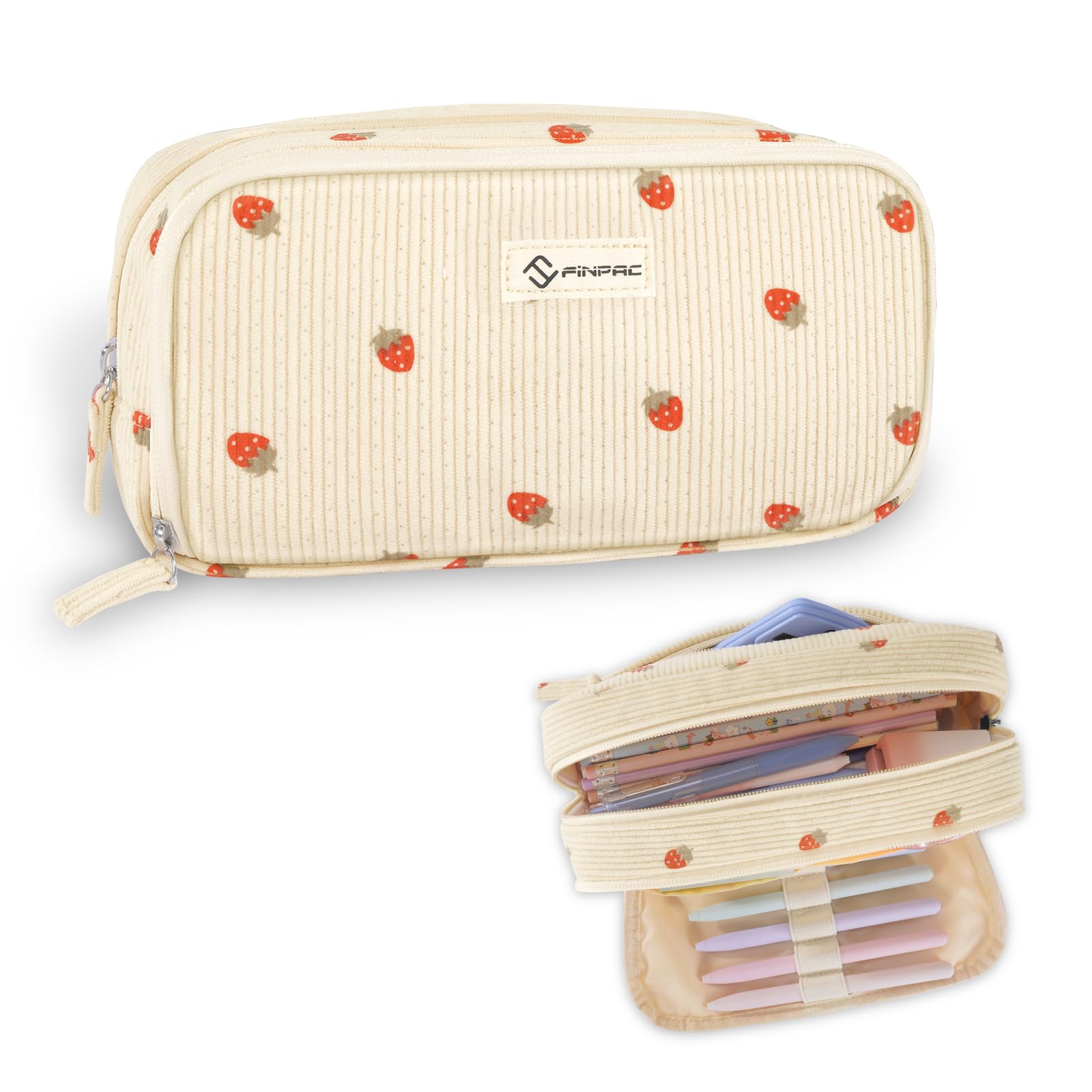 FINPAC Pencil Case, Double-Layer Corduroy Pencil Case with 3 Compartments | Larg