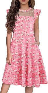 Flypigs Girls Dresses Summer Formal Party Wedding Ruffle Sleeve Mesh Knee Length A Line Dress with Pockets