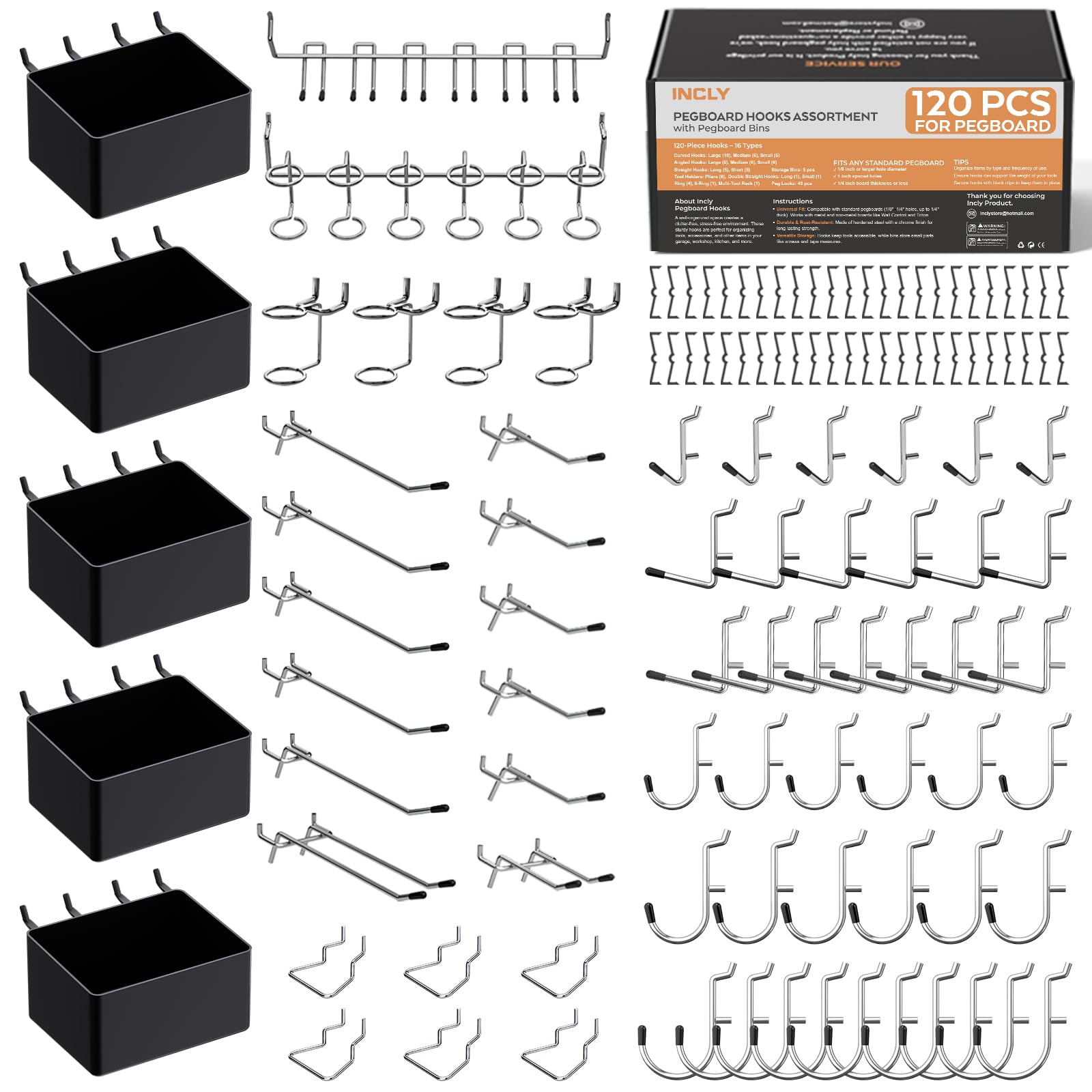 INCLY 120PCS Pegboard Accessories Organizer Kit with Peg Borad Hooks & Bins | Pe