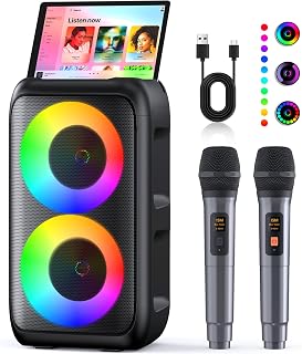 Karaoke con Microfono (2026 Ultimo Modello) | Cassa Bluetooth da 2 x 15W con 2 Microfoni Ricaricabili | 10 Ore di Riproduzione | Supporta Smartphone/TV/TWS/AUX/USB/FM | Per Festa/Casa/Compleanno
