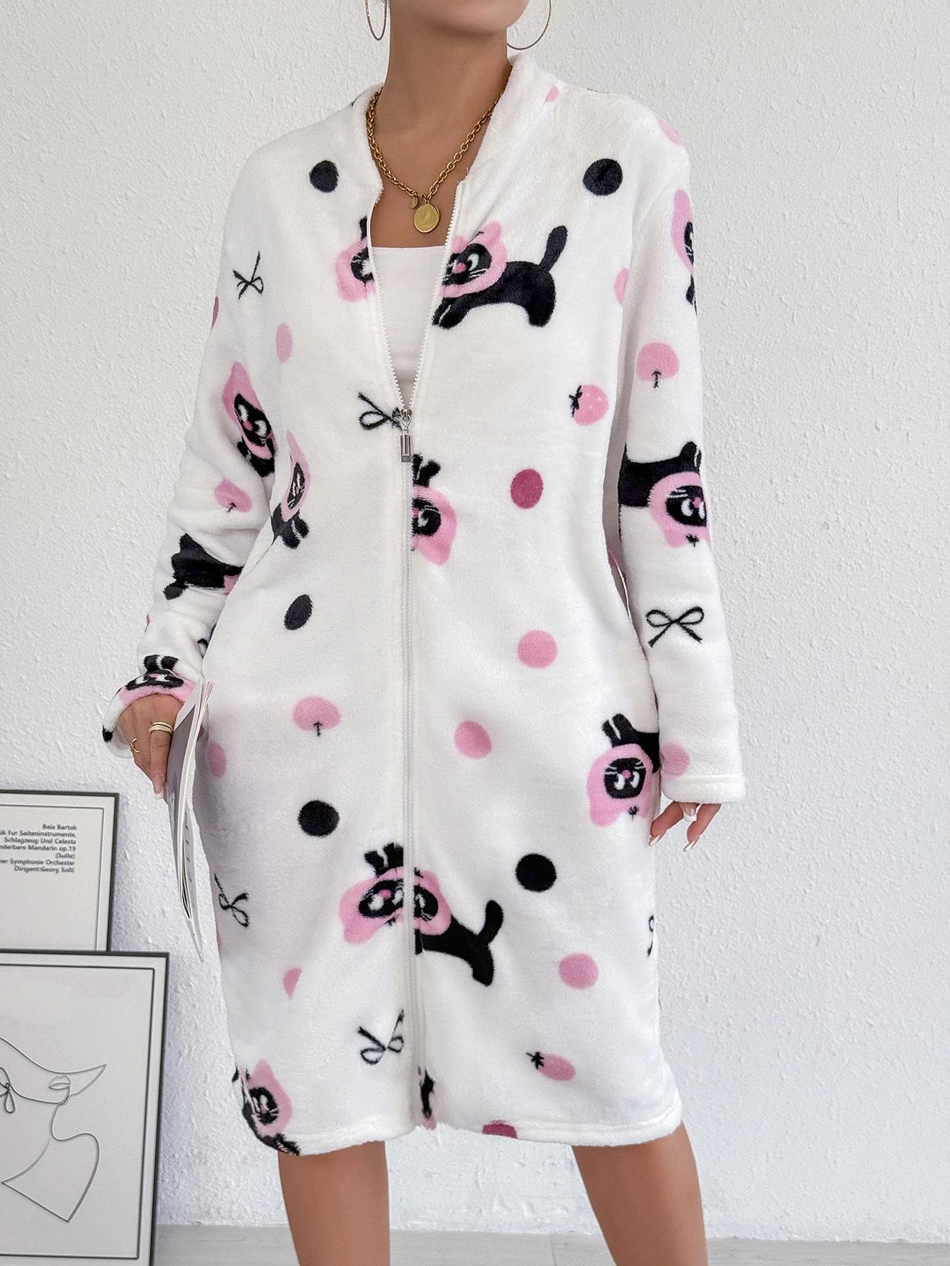 Ladies Long Sleeve Cozy Winter Home Dressing Gown with Pocket Dressing Gown Warm