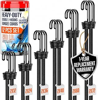 VBEST Bungee Cords with Hooks 12Pcs Set - Heavy Duty Outdoor Assorted Sizes | Black Rubber Bungy Set Short to Extra Long Sizes - Strong Bungie Straps - UV & Weather Resistant 200lb Strength