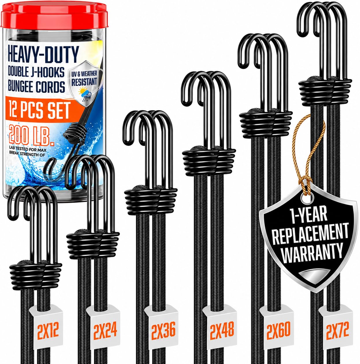 VBEST Bungee Cords with Hooks 12Pcs Set - Heavy Duty Outdoor Assorted Sizes | Bl
