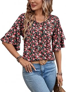 Sialois 3/4 Length Sleeve Tops Womens Blouses Ruffle V Neck Shirts Casual Tunic Spring Fall Clothes