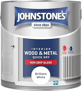 Johnstone's - Gloss Wood & Metal Paint - Brilliant White - 2.5L | Gloss Finish, Interior & Exterior Wood & Metal, Quick Dry & Non Drip, Low Odour, Water Based Formula, 25m2 Coverage Per Tin
