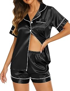Ekouaer Pajama Set for Women Silk Satin Pajamas Button Down Sleepwear Summer Top and Shorts Lounge Set S-XXL