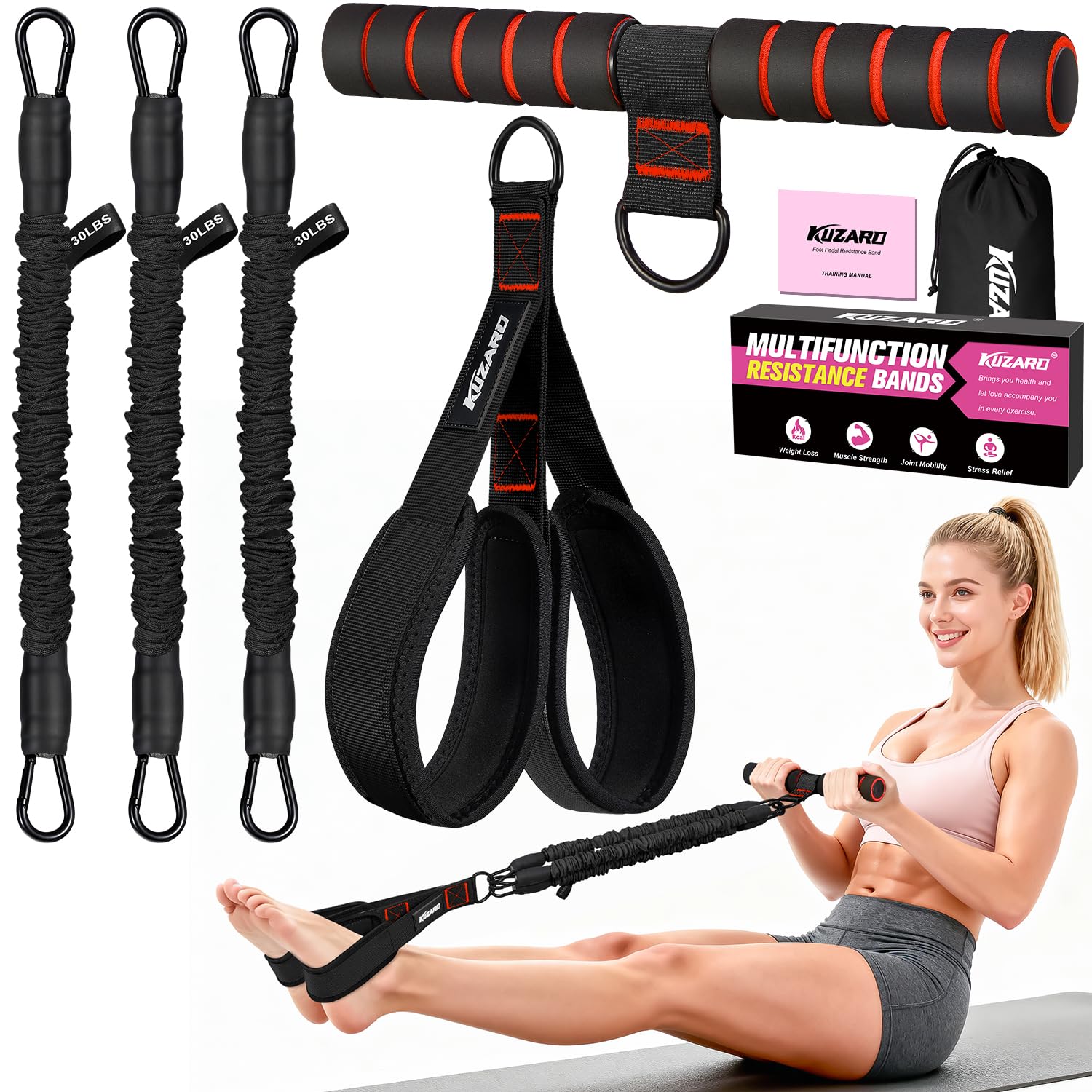 KUZARO Upgraded Multifunction Pedal Resistance Band with Handle, 3 Tube Adjustab